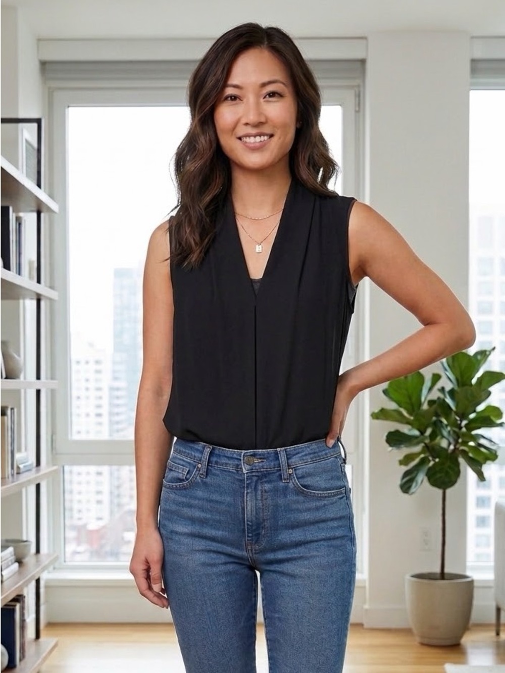 August Silk Black Sleeveless V-Neck Women's Top